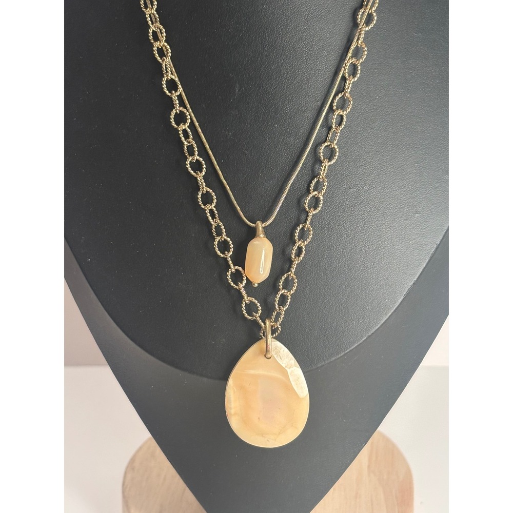 Vintage Monet Double Strand Necklace Gold Tone Peach Teardrop Stone Pendant 18in